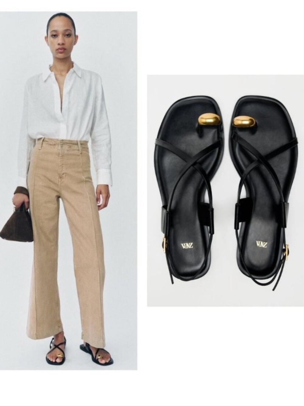 ZARA Black Leather Flat Strappy Gold Metal Toe Sandals - Picture 7 of 15